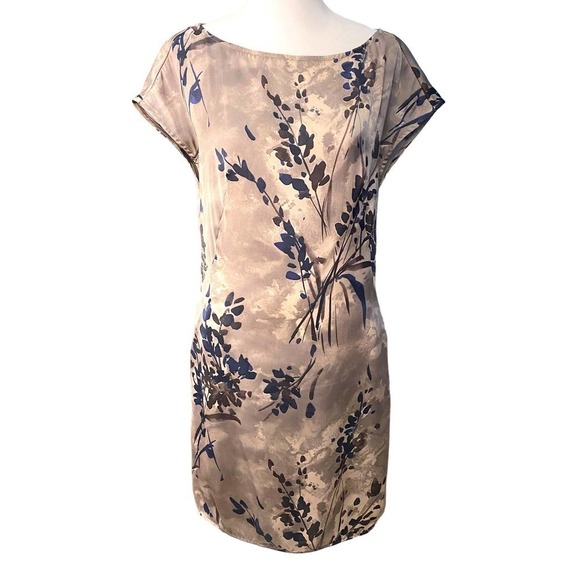 Zara Basic Womens Satin Floral Shift Mini Dress with Pockets Cream Navy SZ Small - Picture 1 of 9